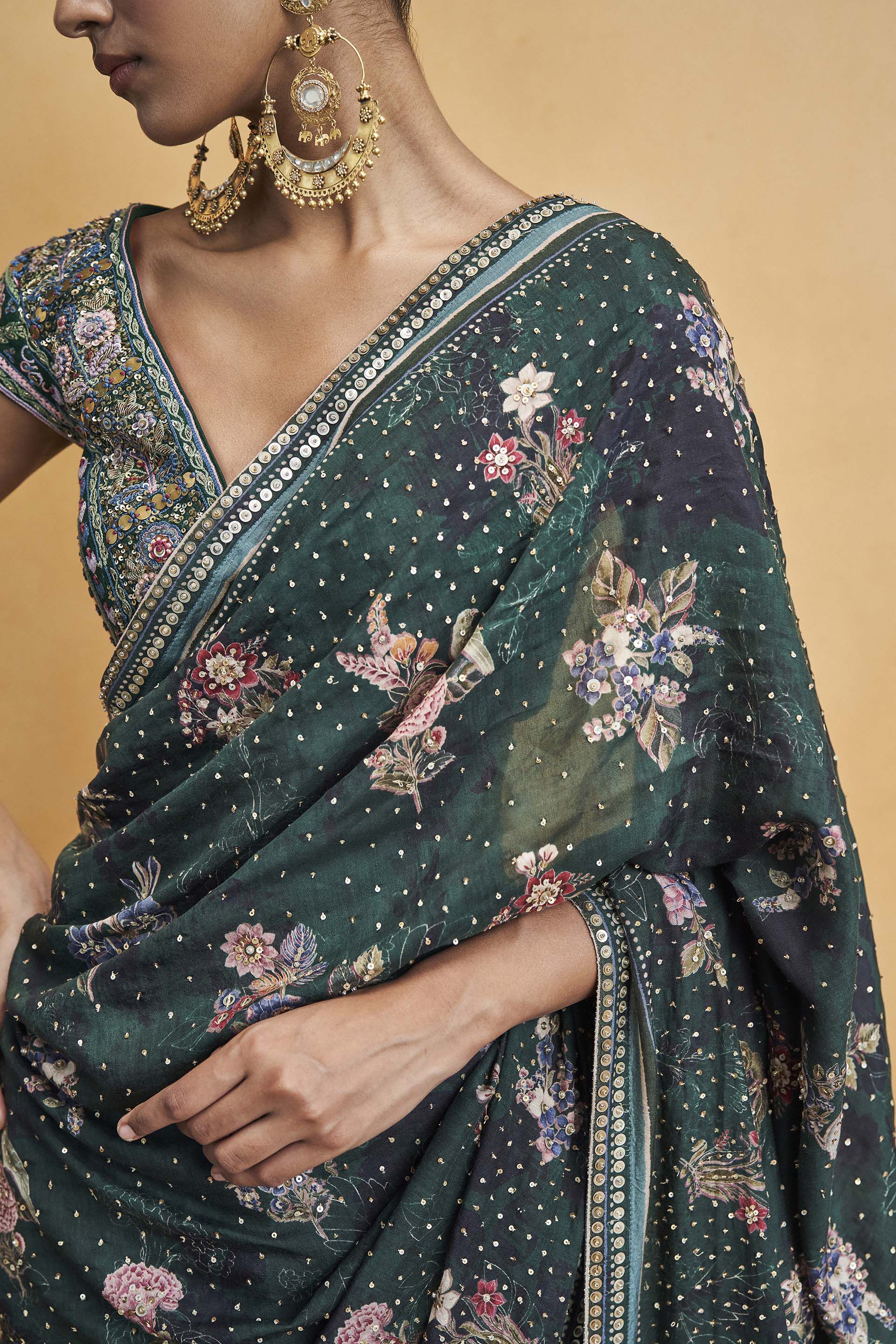 Flamingos In Flight Zardozi Embroidered Saree - Green, Green, image 5